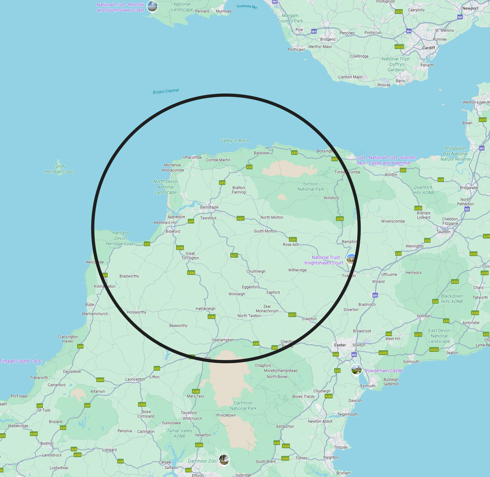Coverage area map showing 40 mile radius from Bideford, North Devon
